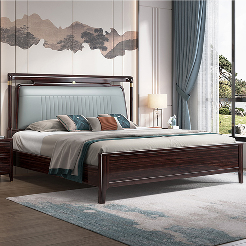 新中式家具 胡桃木實木床 輕奢真皮軟靠雙人床