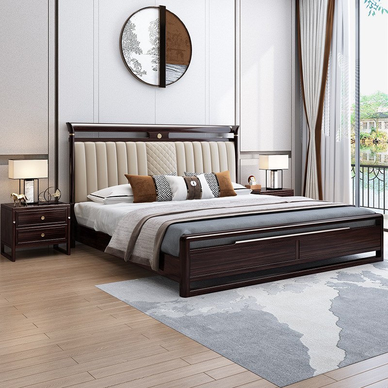 新中式家具 胡桃木全實(shí)木床 輕奢軟靠雙人床