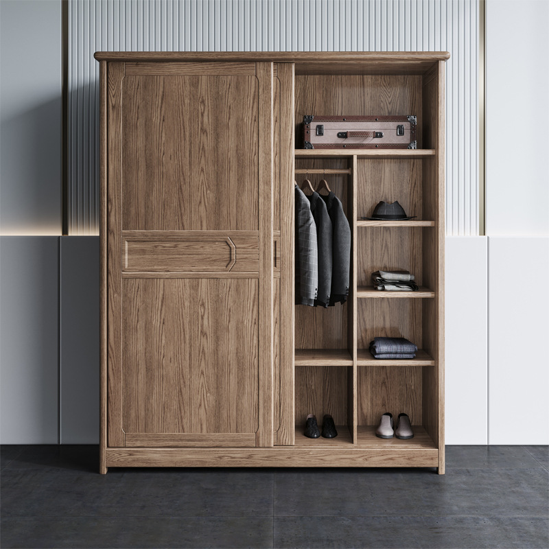 北歐家具 全實木推拉門衣柜 臥室小戶型 輕奢白蠟木衣櫥