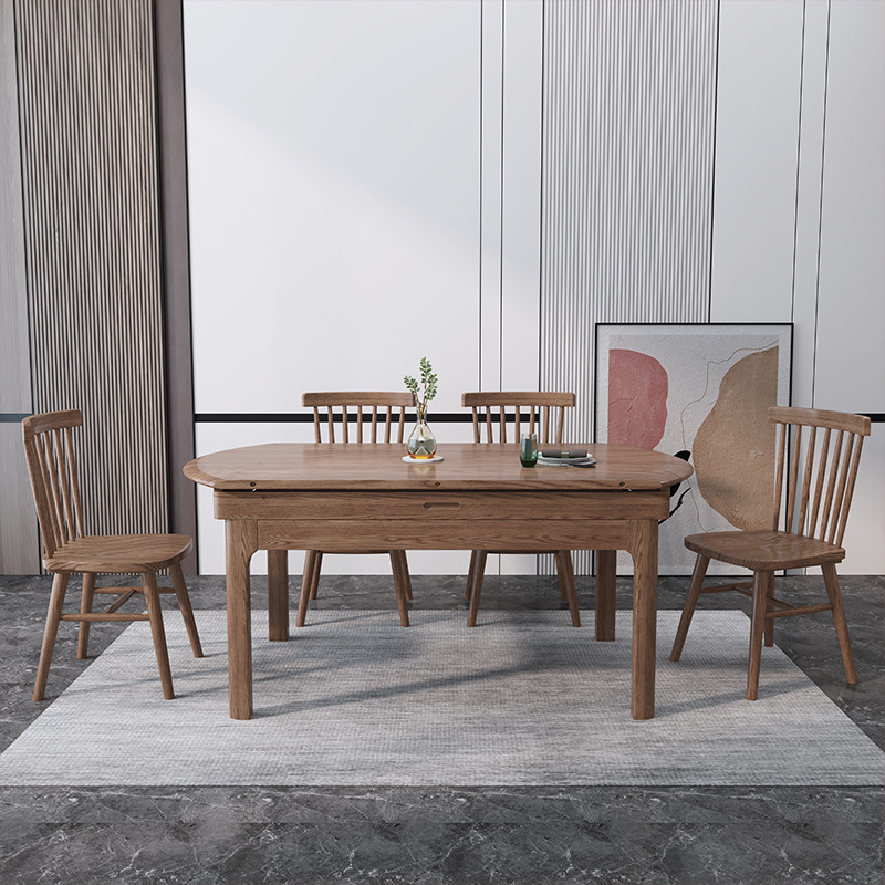 北歐家具 白蠟?zāi)緦?shí)木餐桌 家用伸縮折疊圓形餐桌椅