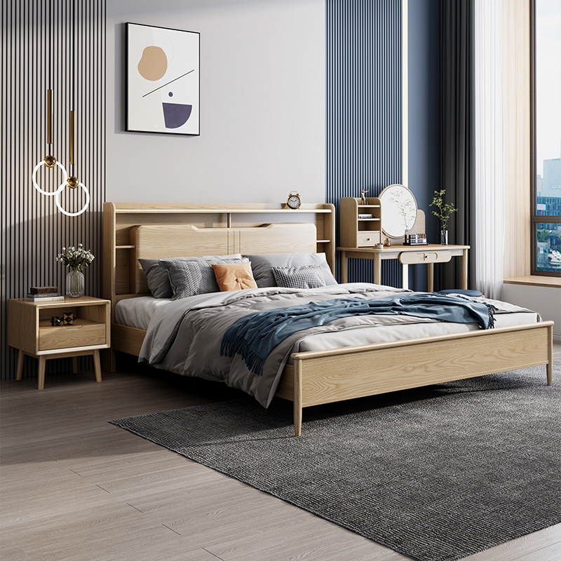 北歐家具 全實(shí)木床臥室1.8米白蠟?zāi)颈睔W床