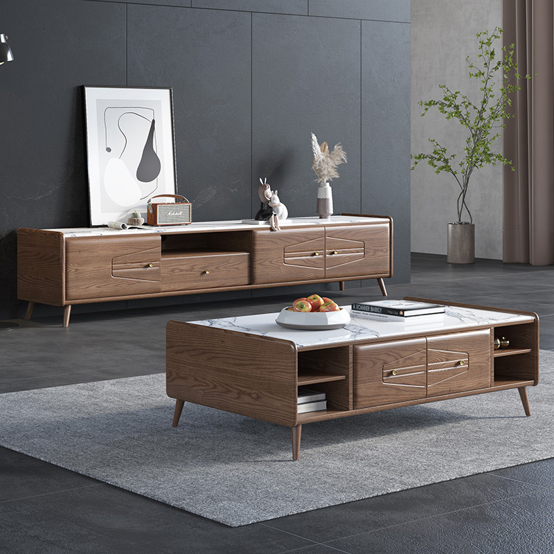 北歐家具 全實(shí)木 白蠟?zāi)編r板茶幾電視柜組合