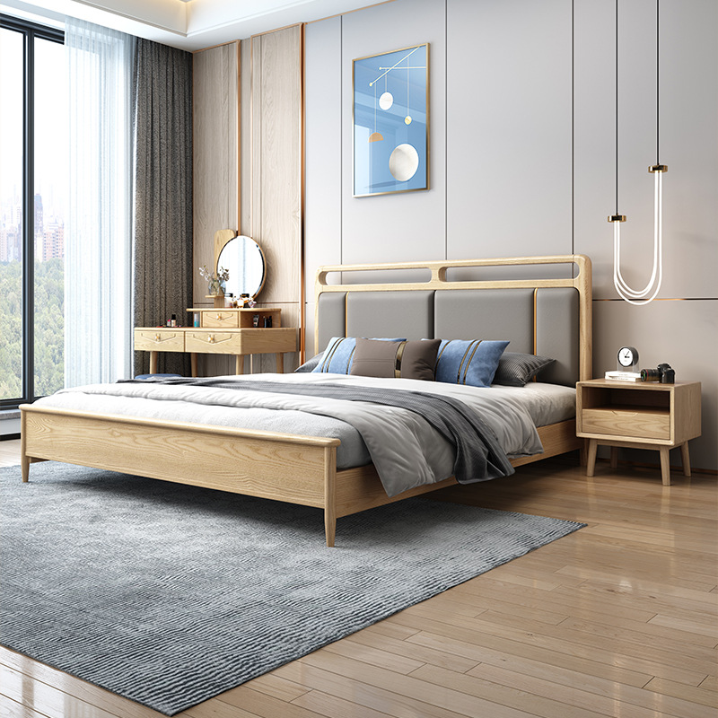 北歐家具 白蠟?zāi)救珜?shí)木床 1.8米軟包雙人床