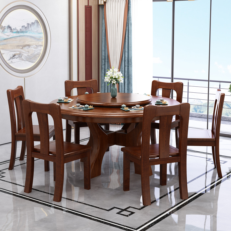 新中式家具 胡桃木餐桌椅組合 四人八人吃飯桌子帶轉盤