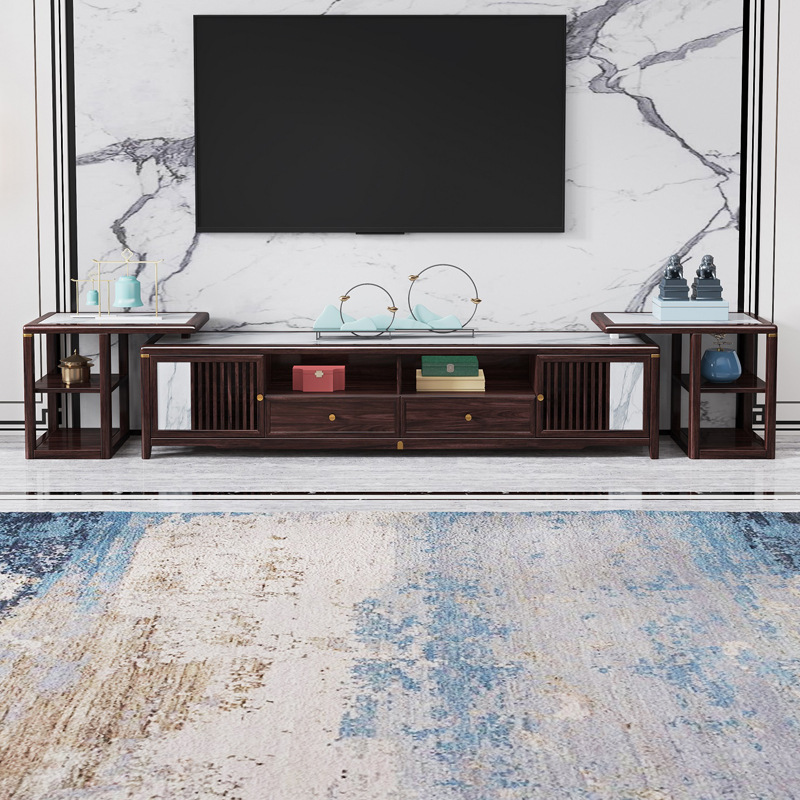 新中式家具 胡桃木實(shí)木巖板帶伸縮電視柜茶幾組合
