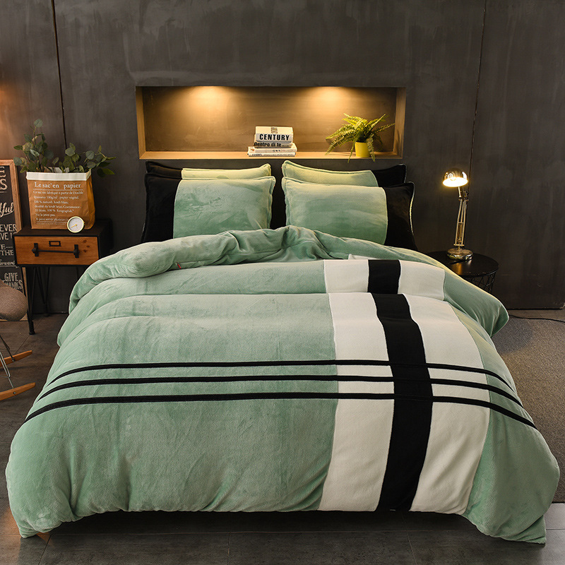 家居家紡 冬季加厚珊瑚絨法蘭絨床上四件套雙面加絨被套純色雙拼牛奶絨床品