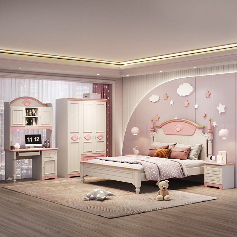 兒童家具 可愛女孩公主單人兒童床實(shí)木床套裝