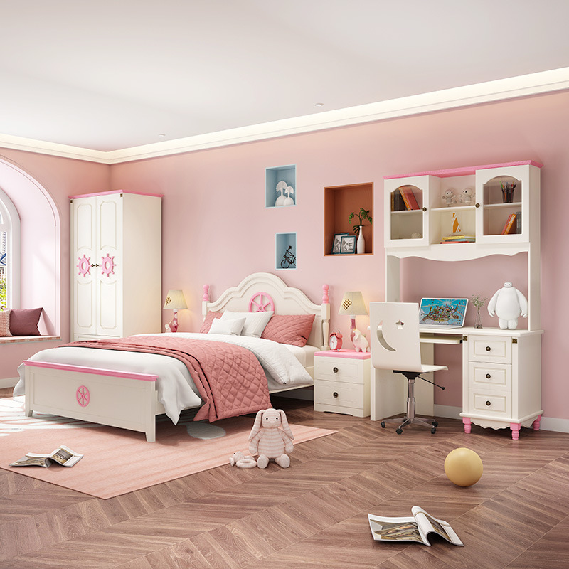 兒童家具 兒童床男女孩臥室實木單人床地中海清新粉色