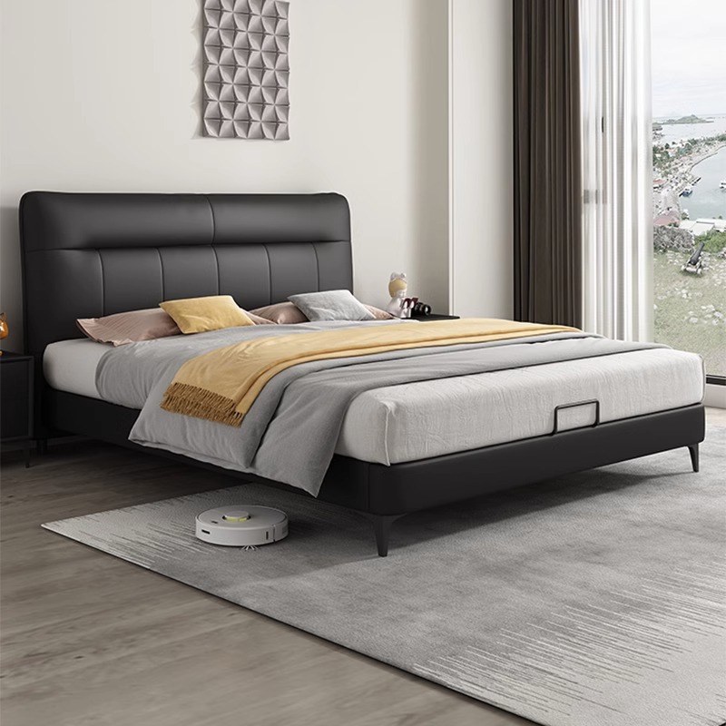 簡約家具 頭層牛皮主臥雙人軟包皮床意式極簡真皮床