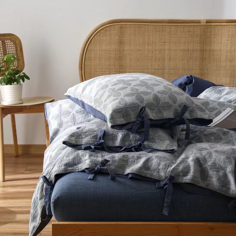 家居家紡 雙層紗幸運(yùn)草色織大提花綁帶工藝款全棉水洗四件套