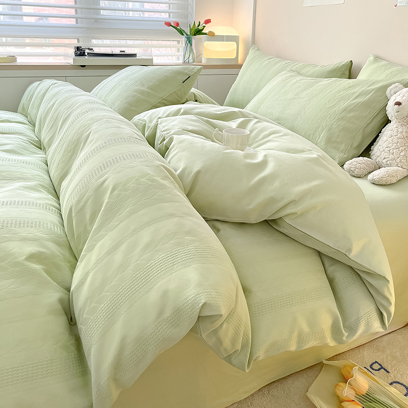 家居家紡 貢緞提花四件套水洗棉 輕奢簡約素色被套床單