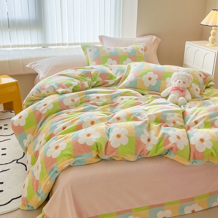 家居家紡 高克重印花牛奶絨花邊四件套