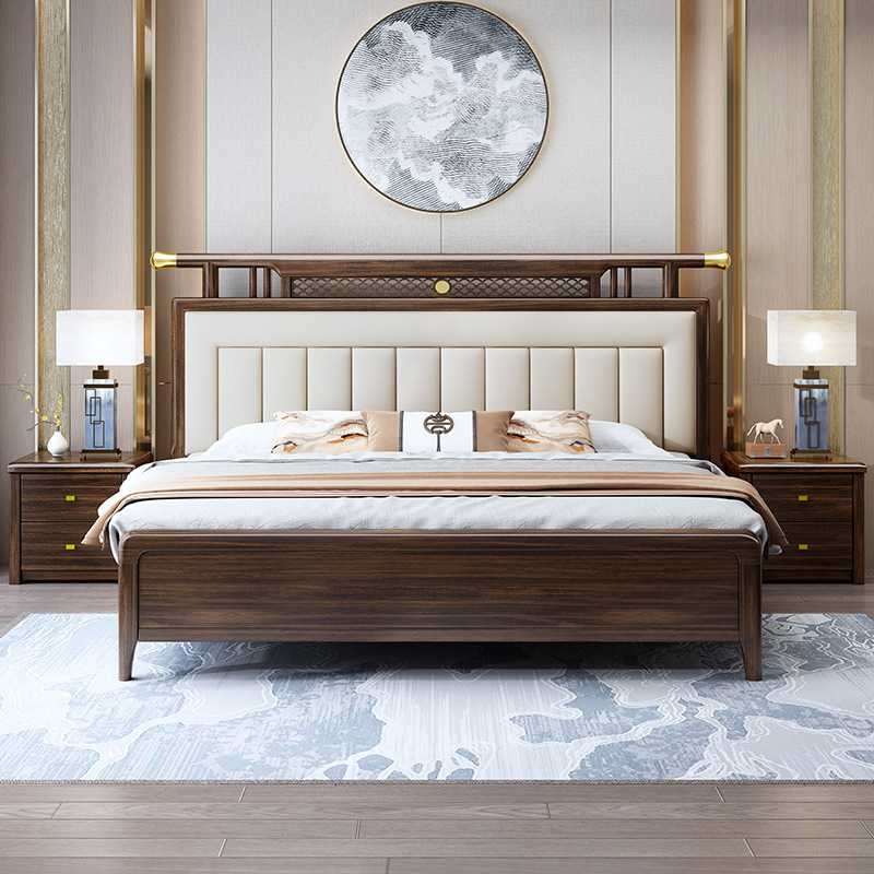 新中式家具 烏金木實(shí)木床雙人床現(xiàn)代輕奢軟靠床