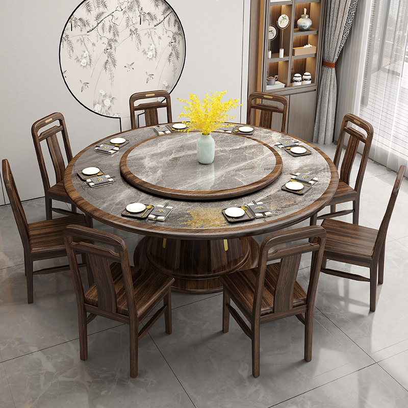 新中式家具 烏金木實(shí)木餐桌椅 巖板帶轉(zhuǎn)盤圓桌