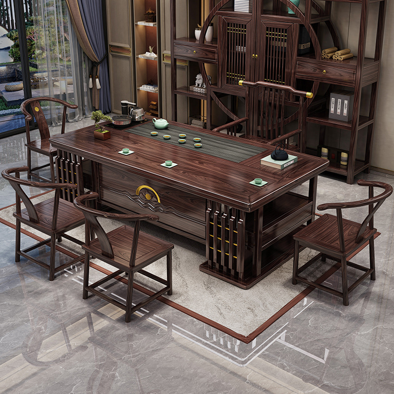 新中式家具 實(shí)木茶桌椅 烏金木禪意茶室家具