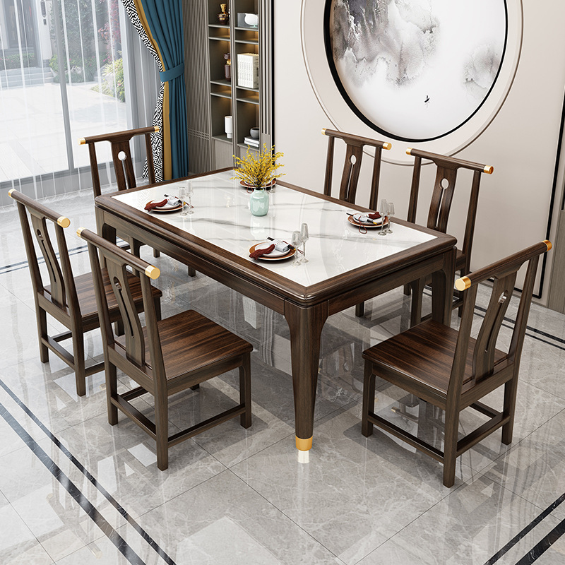 新中式家具 烏金木實(shí)木餐桌椅 現(xiàn)代巖板餐桌椅
