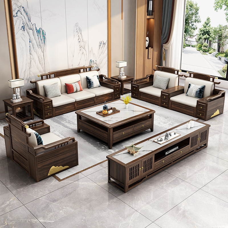 新中式家具 烏金木實(shí)木沙發(fā)組合