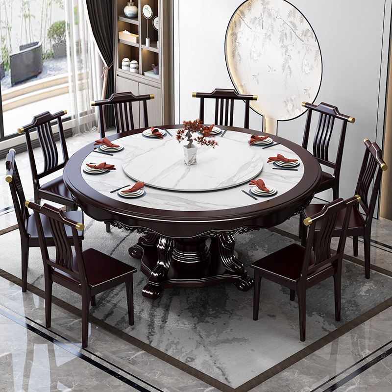 新中式家具 實(shí)木餐桌椅 巖板圓桌餐桌椅