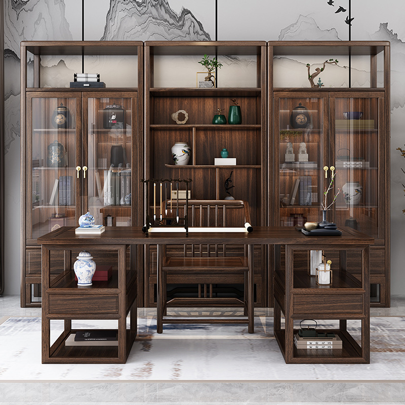 新中式家具 烏金木實(shí)木書桌椅 書房禪意寫字臺