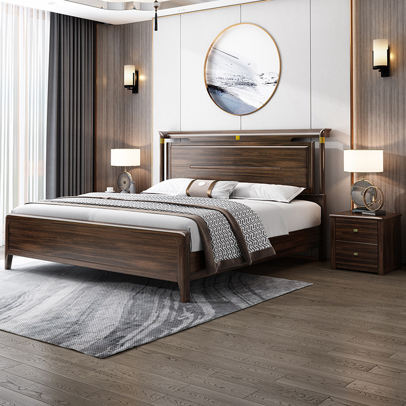 新中式家具 烏金木實(shí)木床 臥室雙人床