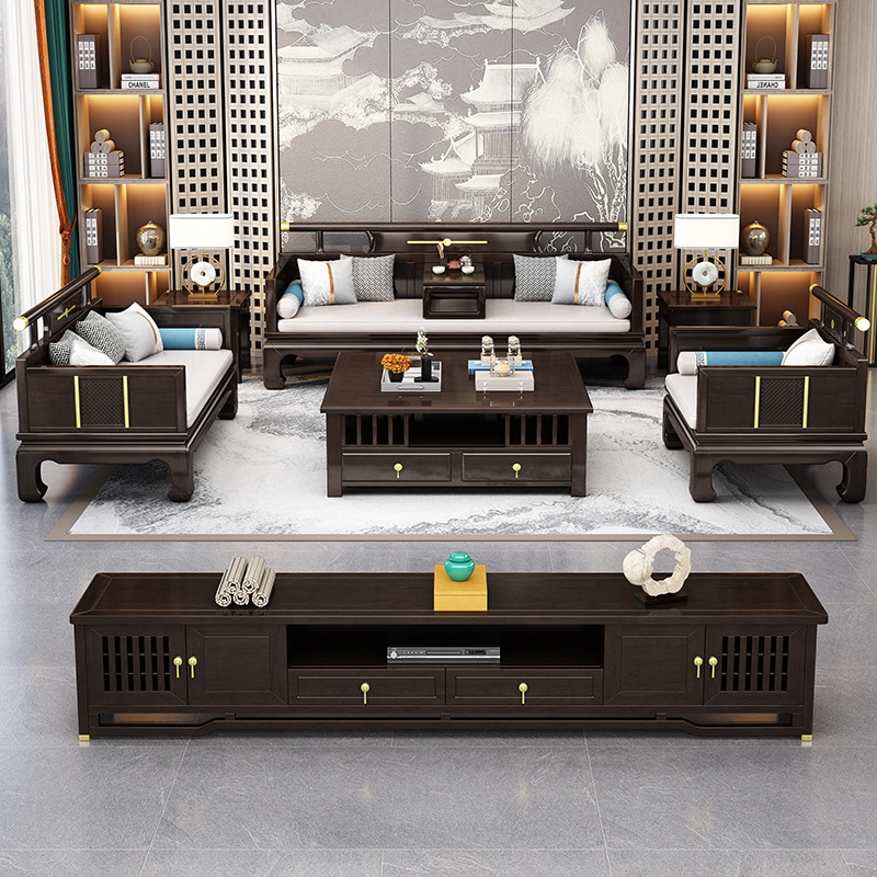 新中式家具 客廳實(shí)木沙發(fā)組合 古典羅漢床別墅輕奢家具