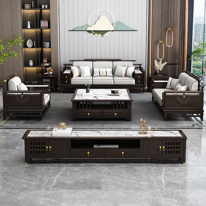 新中式家具 實(shí)木沙發(fā)組合 現(xiàn)代簡約客廳輕奢布藝沙發(fā)