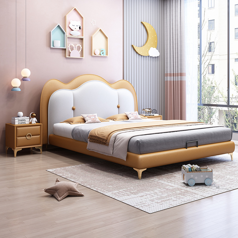 兒童家具 全實(shí)木兒童床真皮床 卡通云朵男生床