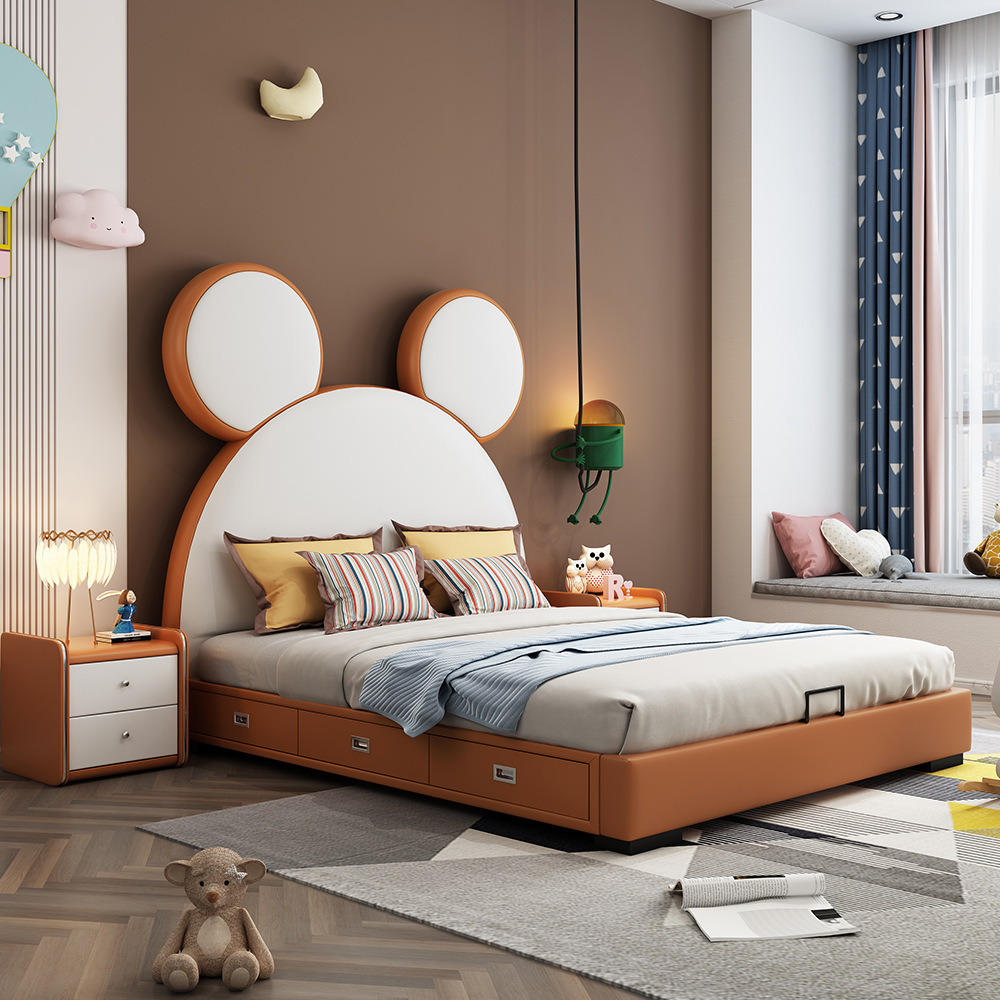 兒童家具 真皮兒童床全實(shí)木框架 簡(jiǎn)約現(xiàn)代卡通臥室童床