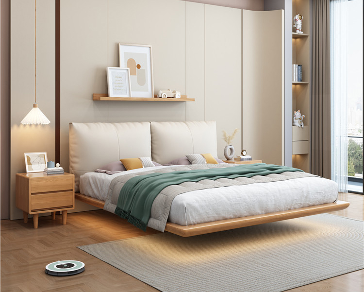北歐家具 白蠟?zāi)緹o(wú)床頭床架懸浮床