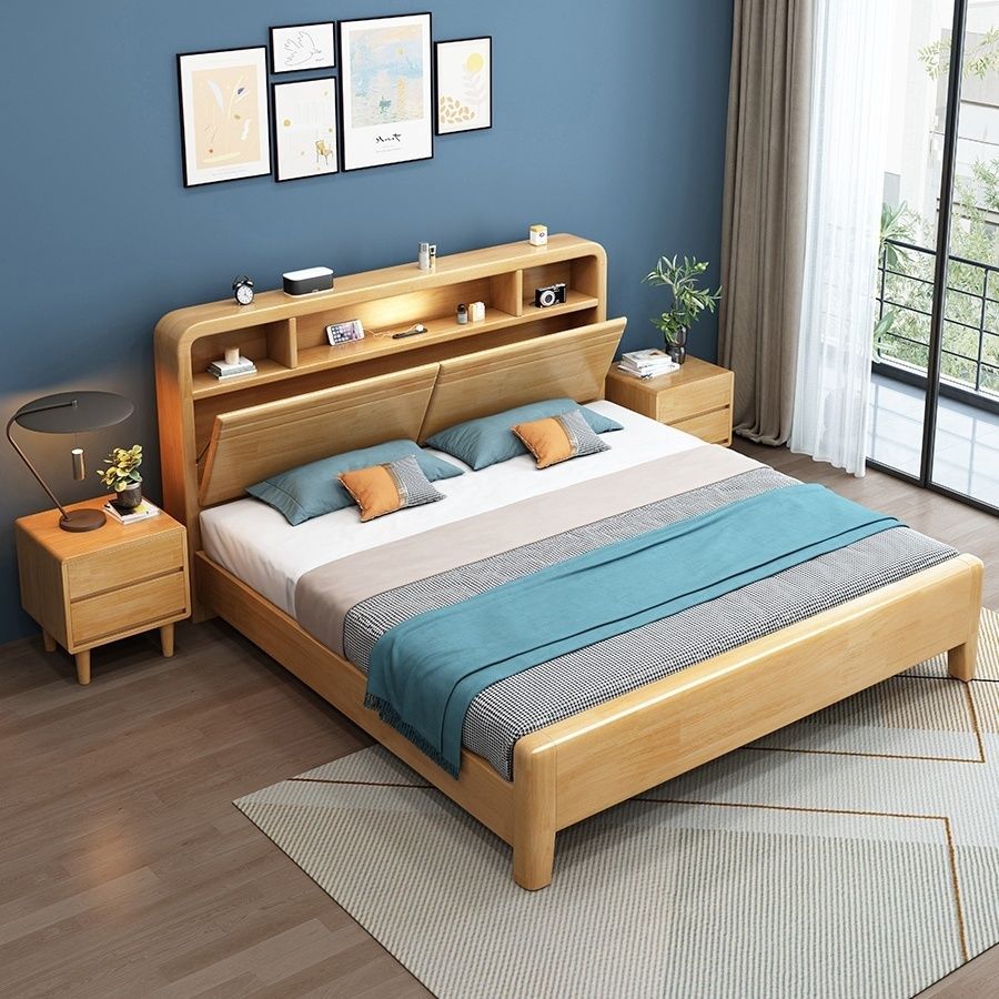 北歐家具 現(xiàn)代簡約實木雙人床帶夜燈