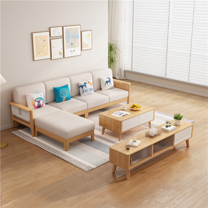 北歐家具  橡膠木實木沙發(fā)帶腳踏 輕奢簡約組合布藝沙發(fā)