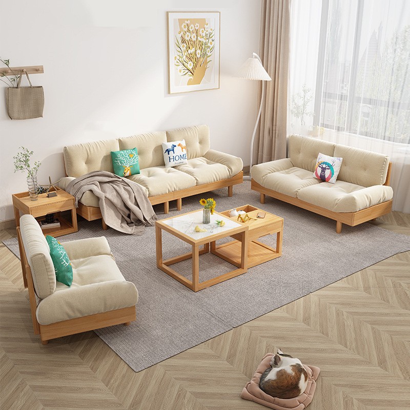 北歐家具 原木奶油風云朵沙發(fā) 現(xiàn)代小戶型全實木布藝沙發(fā)