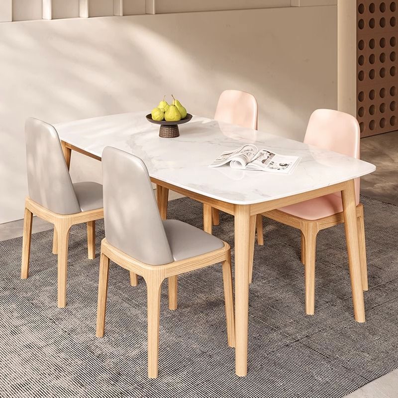 簡(jiǎn)約家具 實(shí)木巖板餐桌 現(xiàn)代輕奢原木色餐桌椅組合