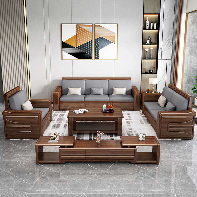 中式家具 胡桃木實(shí)木沙發(fā) 簡(jiǎn)約轉(zhuǎn)角貴妃實(shí)木沙發(fā)