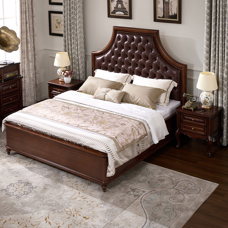 美式家具 全實(shí)木真皮床 頭層牛皮軟包雙人床