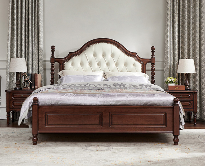 美式家具 復(fù)古真皮床實(shí)木床 軟包床高端大床桃花心木