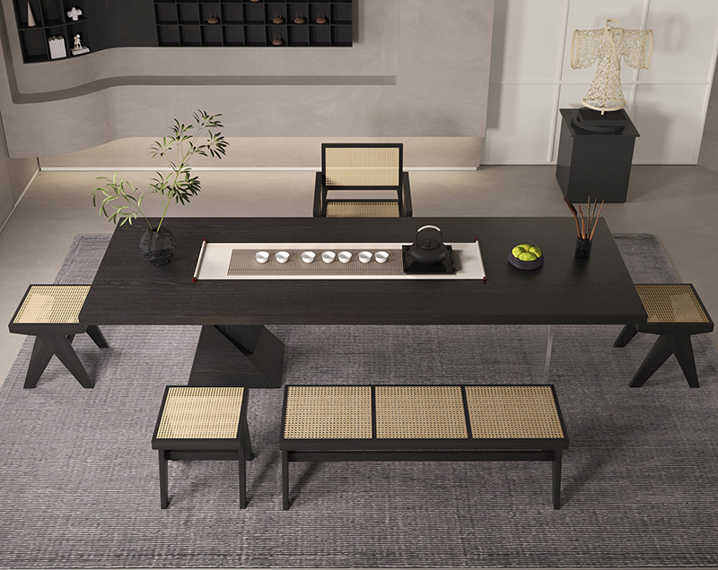 茶臺茶桌 侘寂風實木茶桌泡茶桌 簡約碳化黑色白蠟木大板茶臺