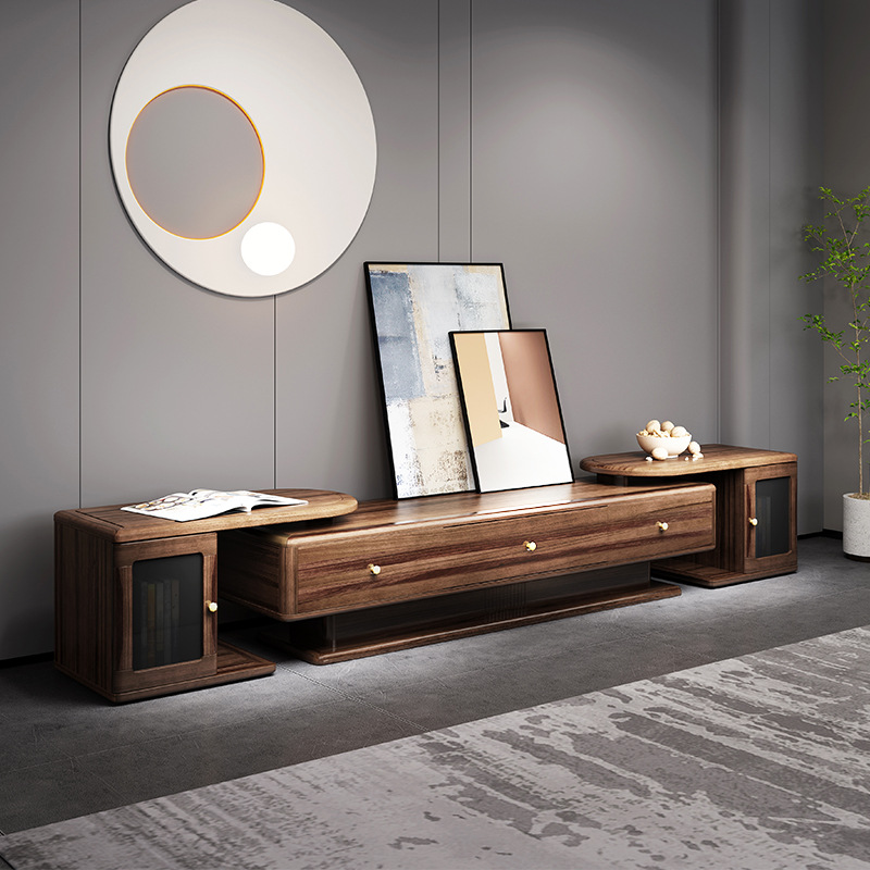 新中式黑胡桃木影視柜地柜 可伸縮儲物電視柜