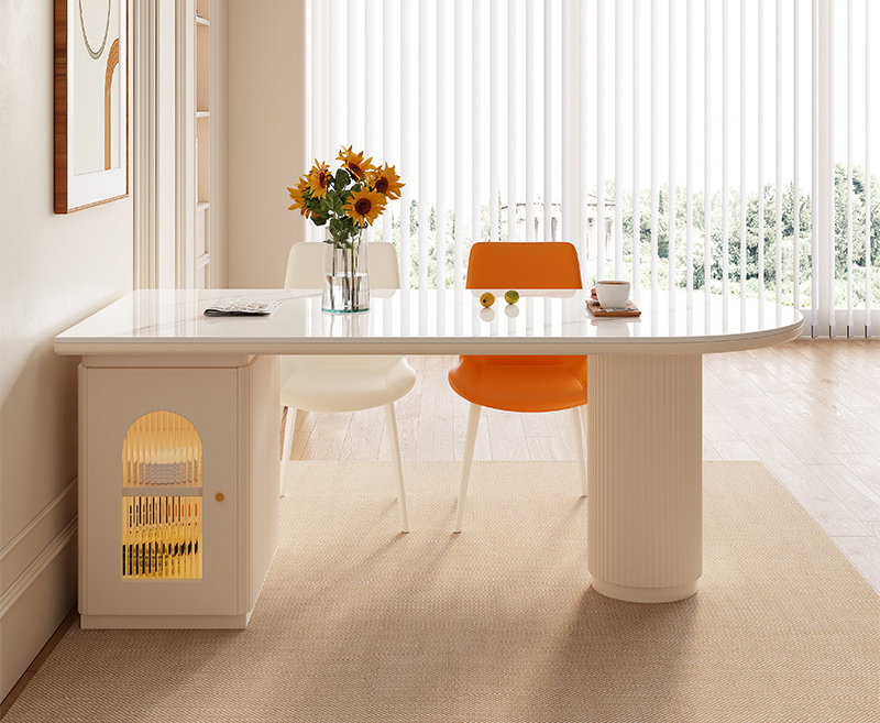 現(xiàn)代簡約奶油風島臺餐桌 一體烤漆柜體巖開放式廚房中導臺