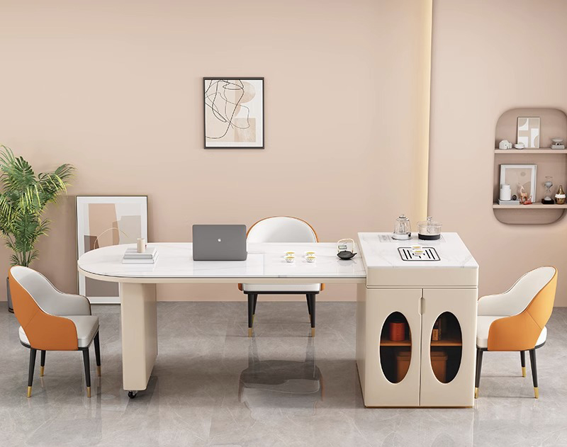 現(xiàn)代簡約島臺餐桌一體 奶油風可伸縮法式巖板書桌 一體兩用輕奢茶桌