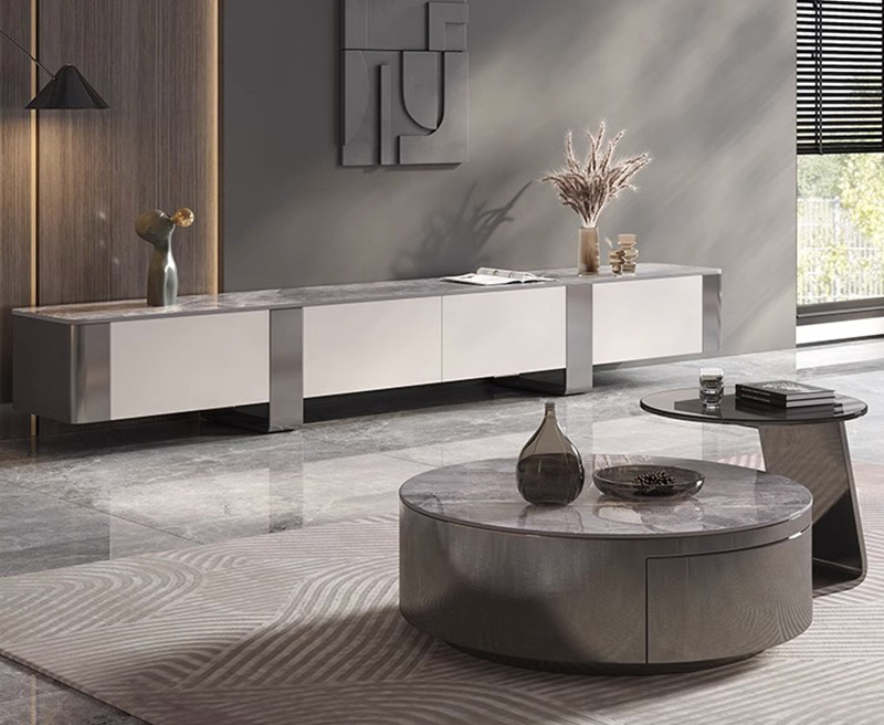 意式輕奢現(xiàn)代簡約巖板圓形茶幾 帶抽屜創(chuàng)意電視柜客廳