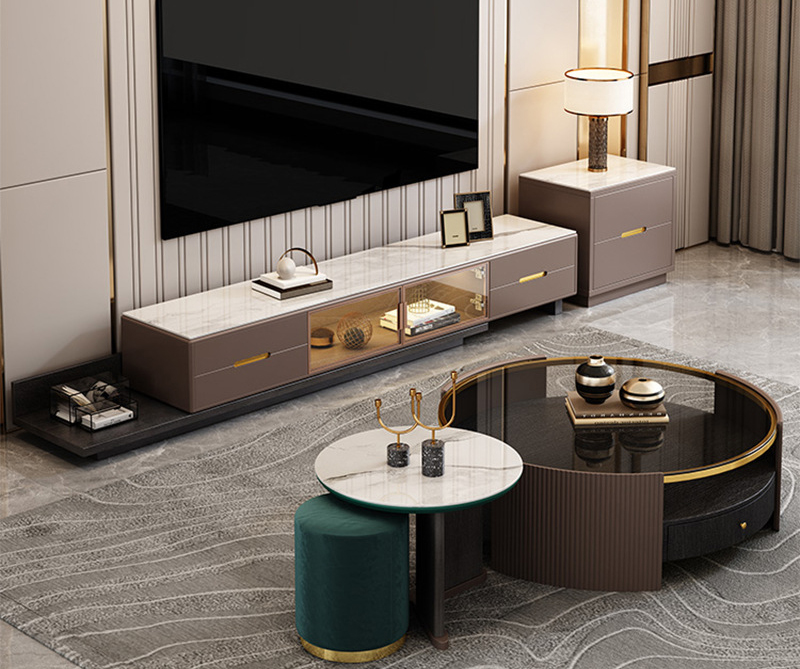 現(xiàn)代簡約輕奢巖板可伸縮圓形茶幾電視柜組合 客廳小戶型家用電視柜