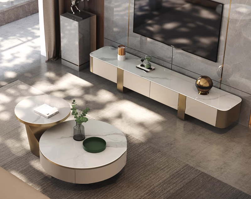 簡約輕奢巖板圓形茶幾組合 現(xiàn)代客廳電視柜整裝高腳地柜