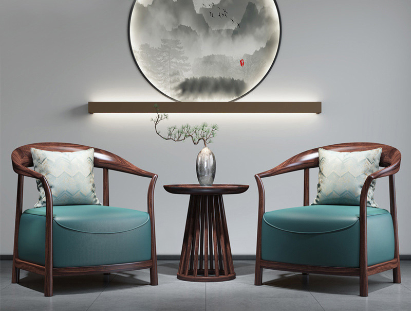 新中式單人沙發(fā)椅 現(xiàn)代簡約禪意實木沙發(fā) 輕奢休閑洽談椅皮椅