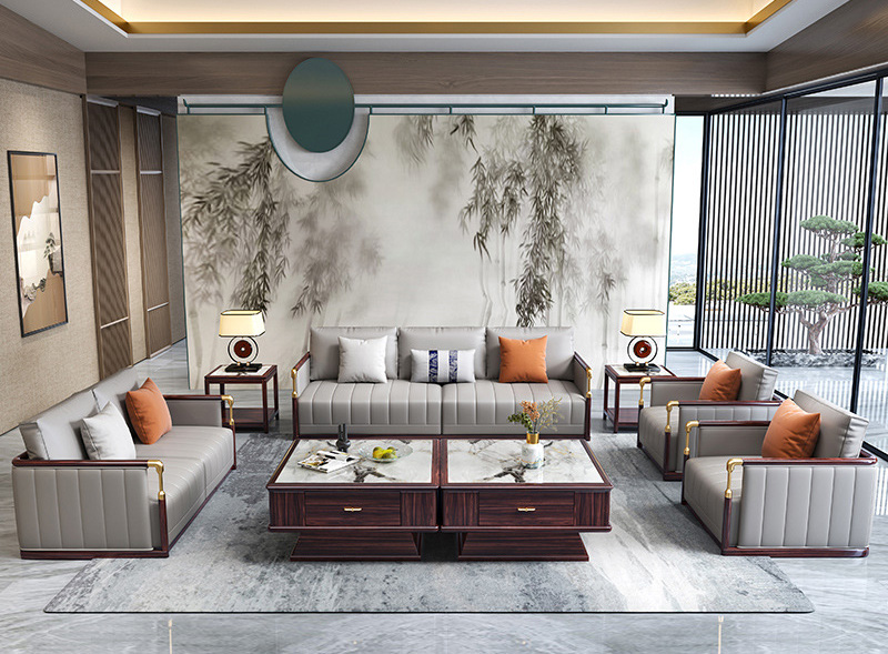 新中式黑檀木真皮沙發(fā) 全實木現(xiàn)代輕奢沙發(fā)組合