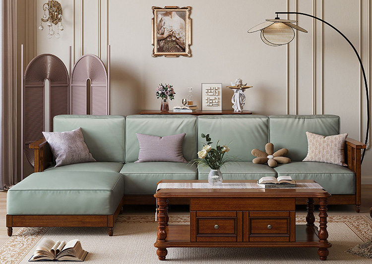 美式復(fù)古轉(zhuǎn)角沙發(fā) 鄉(xiāng)村簡約實木真皮沙發(fā) 客廳直排貴妃沙發(fā)