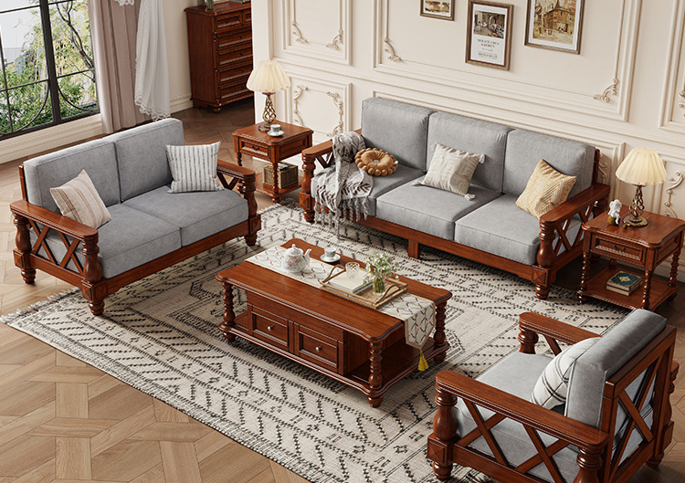 美式實木沙發(fā) 復(fù)古鄉(xiāng)村布藝沙發(fā) 簡約三人位沙發(fā)