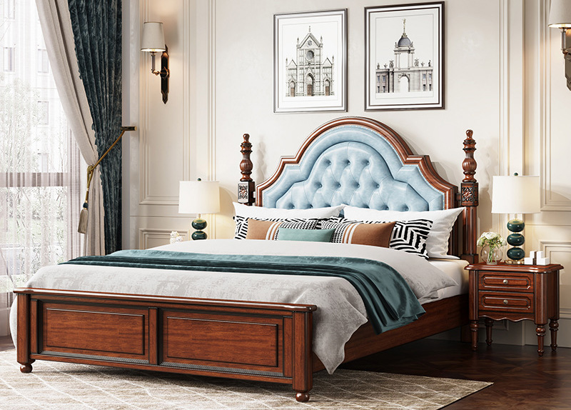 美式家具 美式鄉(xiāng)村實(shí)木床 復(fù)古軟包簡約主臥仿古大床