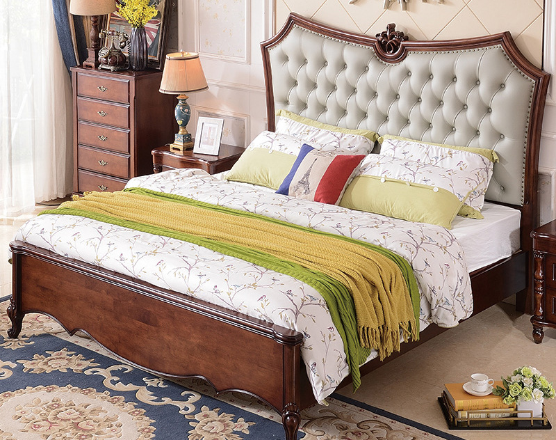 美式家具 現(xiàn)代簡約美式實(shí)木床 主臥軟靠雕花高箱儲物床