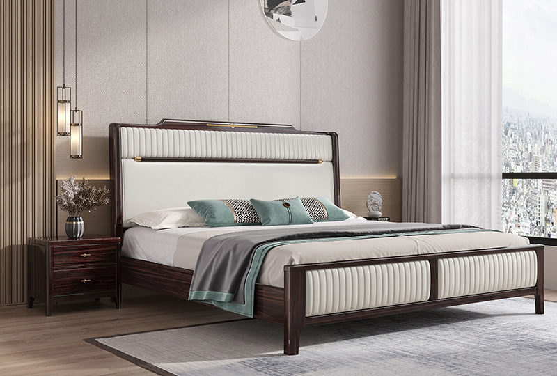 新中式家具 胡桃木實木床 簡約雙人軟靠輕奢臥室家具